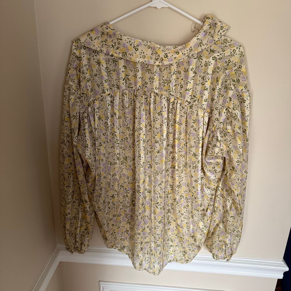 ZARA Preppy Summer Blouse Floral V-Neck Collared Balloon Sleeve Pleated Top - Picture 6 of 15